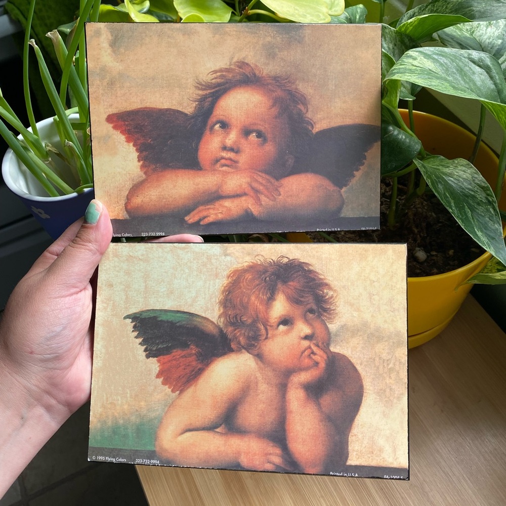 1995 cherub wall art pair of 5x7” wood plaque with angel print